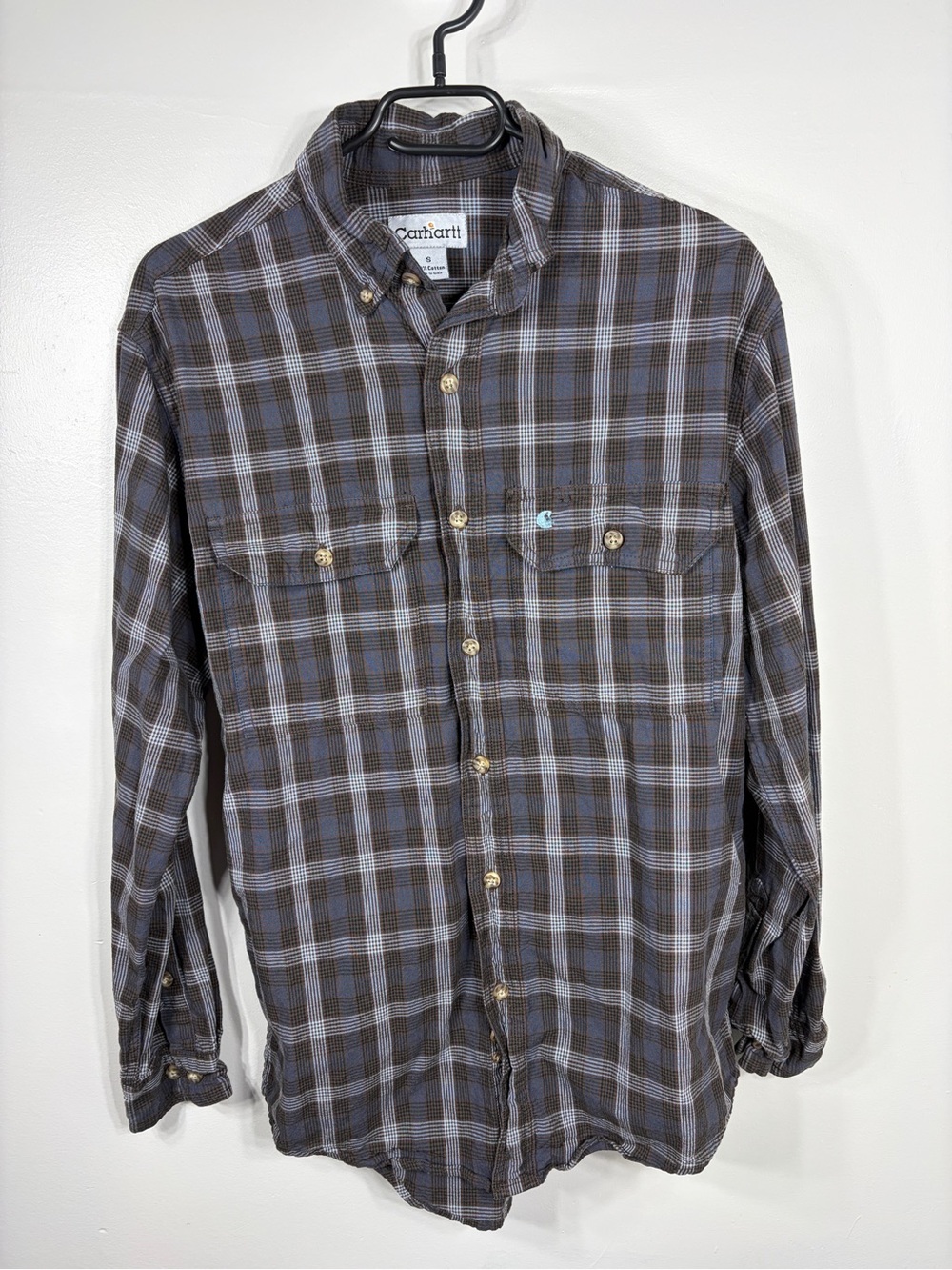 Carhartt Plaid Button Down Shirt Small Brown Blue‎ Cotton Long Sleeve Fall 2010